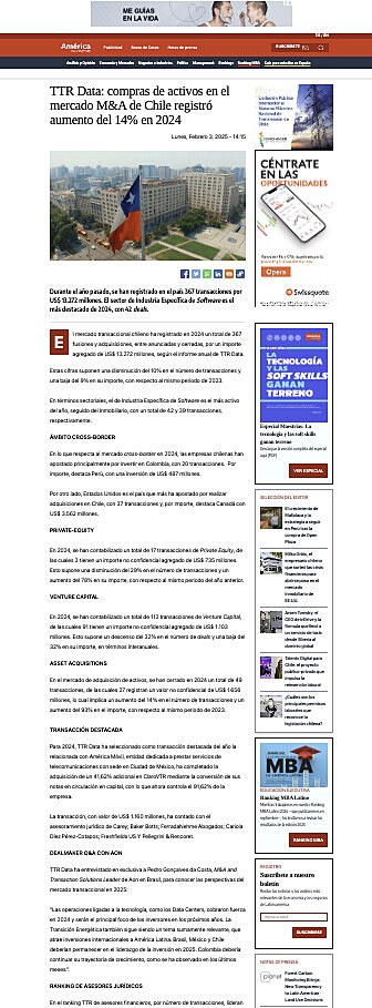 TTR Data: compras de activos en el mercado M&A de Chile registr aumento del 14% en 2024